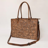 Brown Tooled Leather Tote with Shoulder Strap