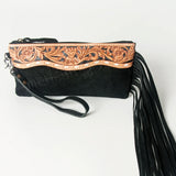 Black Fringe Clutch with Floral Tooling