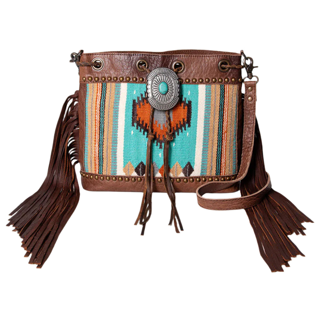 Aztec Blanket Style Bag with Large Turquoise Concho and fringe