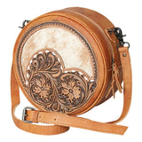 Canteen style hide purse with floral tooling and shoulder strap