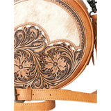 close up of tooling and hide on the purse