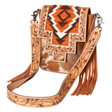 Orange Aztec Flap with Floral Tooling - Brown and White Hide. Floral Tooled Strap. Fringe