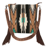 Cream Tan Aztec Blanket Purse with Tooled Strap and Fringe
