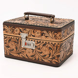 Tooled Leather Square Jewelry Case with Lock