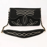 Front view of black suede purse with white boot stitch