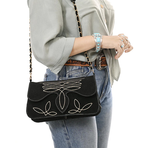 Styled close up view of the purse on a shoulder