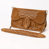 Brown and white boot stitch flop closure purse with chain strap 