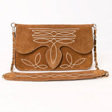 Brown and white boot stitch flop closure purse with chain strap 