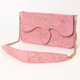 Soft Pink Suede Purse with Cream Boot Stitch and gold accent chain strap