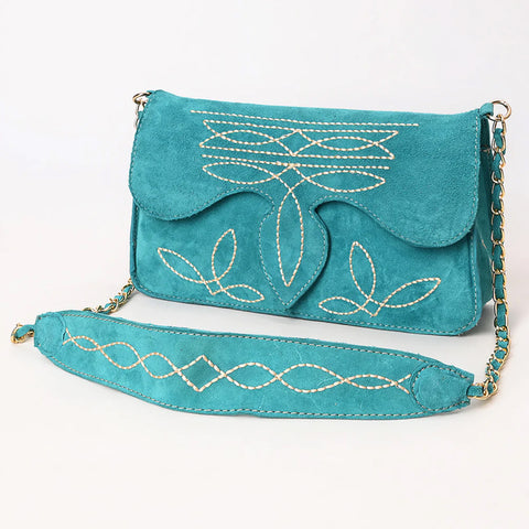Turquoise Boot Stitch Suede Purse with Gold Accented Chain Strap