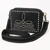 Black square shape bag with white boot stitch and black nylon strap 