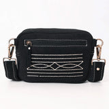 Back view - white boot stitch. Zipped back pocket. 