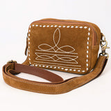 Tan bag with white boot stitch. Suede and Nylon shoulder strap