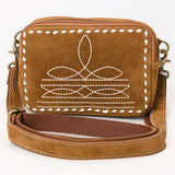 Tan bag with white boot stitch