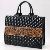 Black diamond puff design with tooled flowers thick stripe down the middle 