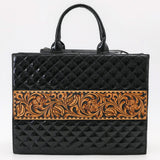 back side of purse - looks same as front  - diamond stitched black puffs with floral tooled stripe 