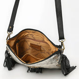 Inside Black Fringe Purse with White/Black Speckled Genuine Cowhide with Gold/Bronze Conchos
