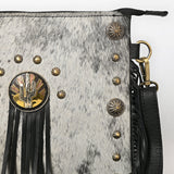 Black Fringe Purse with White/Black Speckled Genuine Cowhide with Gold/Bronze Conchos Up Close View