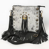 Black Fringe Purse with White/Black Speckled Genuine Cowhide with Gold/Bronze Conchos