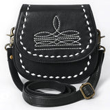 front view of black mini purse with white boot stitch