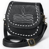 black mini purse with white boot stitching. Flap closure. Shoulder strap. 