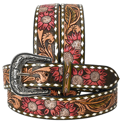 Tooled Leather Western Belt - Red Sunflowers & Olive Scroll Design with White Diamond Border and Silver Buckle