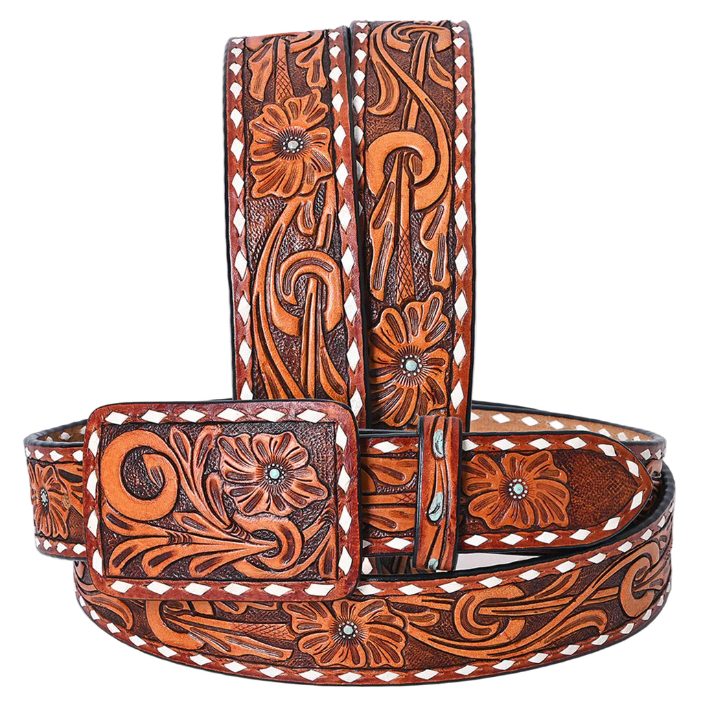 Hand-Tooled Western Leather Belt - Floral Swirl with White Diamond Border