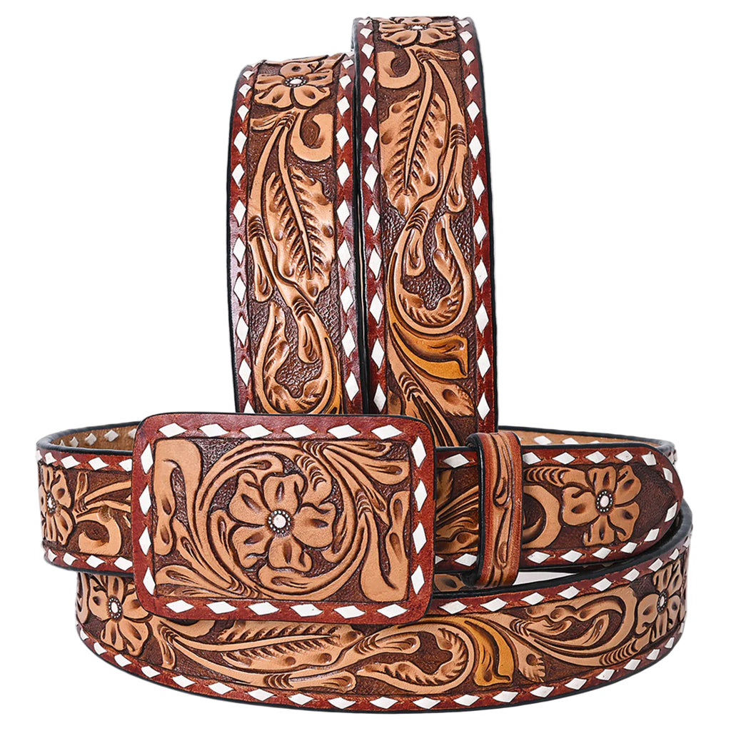 Western Tooled Leather Belt - Chestnut Floral Scroll with White Diamond Edge