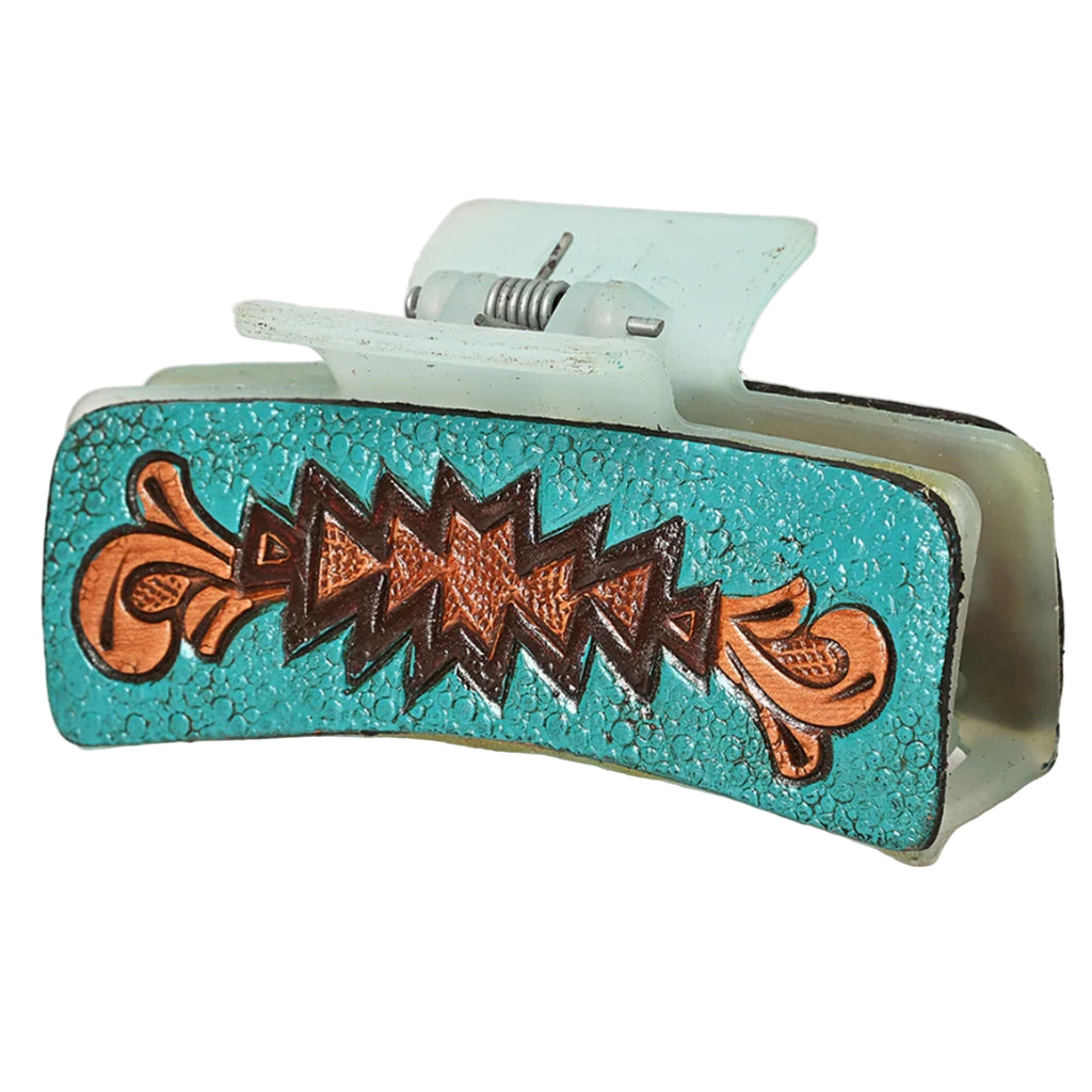 Western-style turquoise leather hair clip with tooled leather