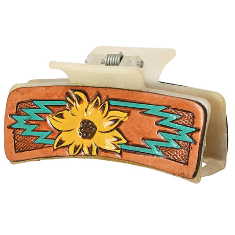 Western-style leather hair accessory featuring Aztec sunflower design
