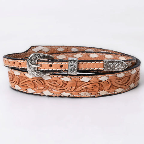 Tan Tooled Hat Band with Silver Buckle Closure