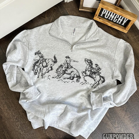 Ash grey quarter zip sweatshirt with three dark grey printed broncs on the front. 