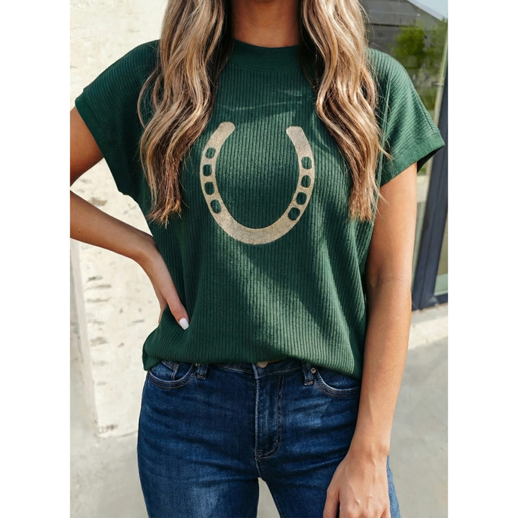Western Horse Shoe Graphic Short Sleeve Sweater