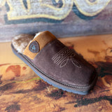 Dark brown slipper with a square toe and boot stitching. Light brown fur edge with Ariat logo