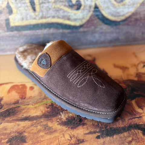 Dark brown slipper with a square toe and boot stitching. Light brown fur edge with Ariat logo