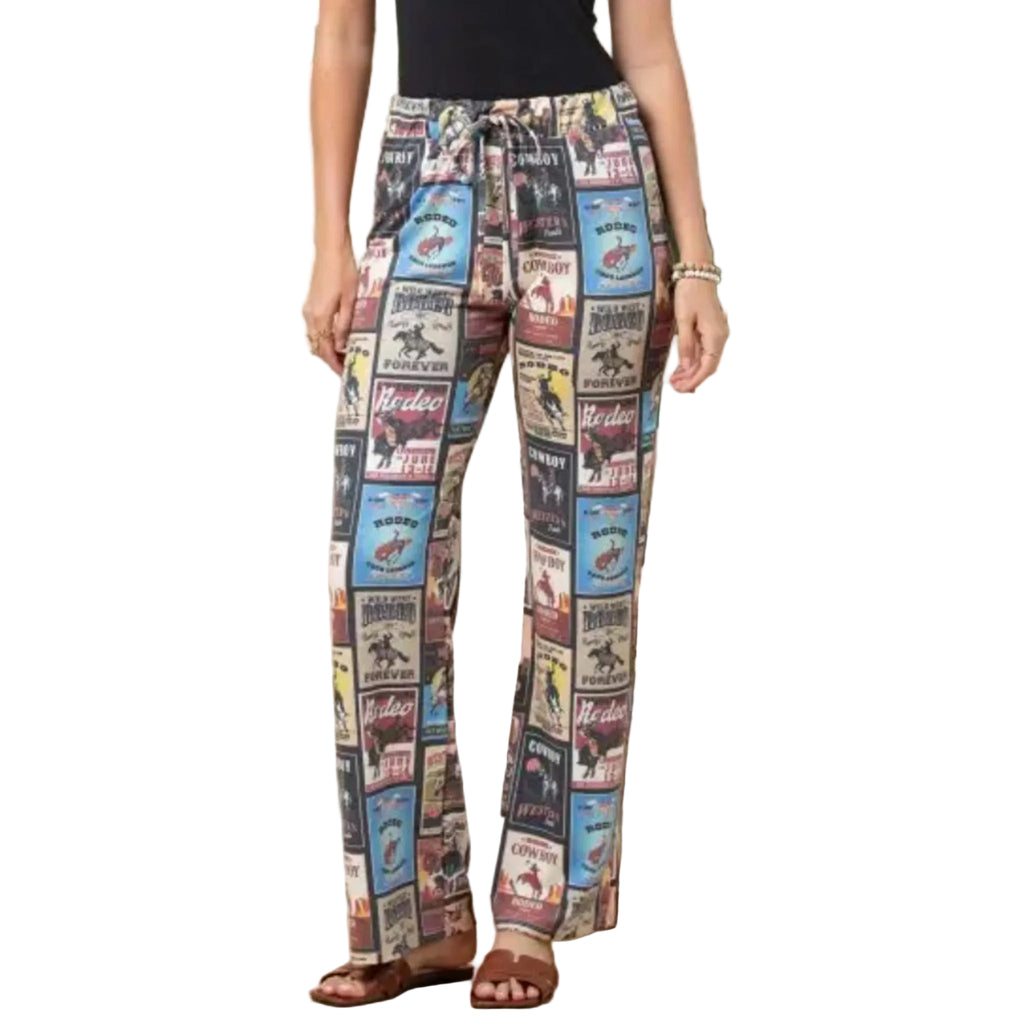 Woman wearing colorful multi patterned checked lounge pants