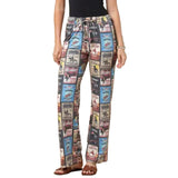 Woman wearing colorful multi patterned checked lounge pants