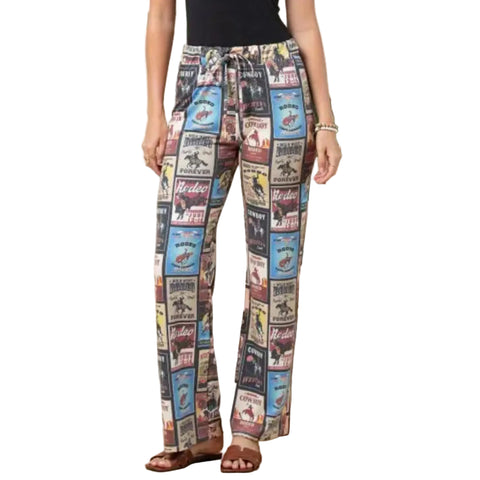 Woman wearing colorful multi patterned checked lounge pants