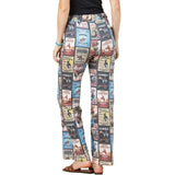 Back view of a woman wearing colorful multi patterned checked lounge pants