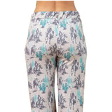 Back view of a person wearing grey and teal western print lounge pants