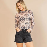 Charcoal and Cream Aztec Print Mesh Long Sleeve Top