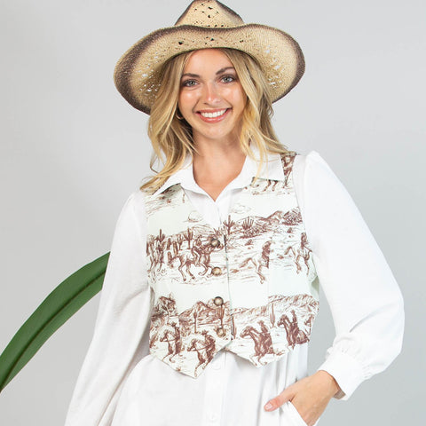 Wild West Print Button Down Crop Woven Vest