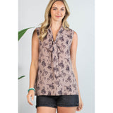 Mocha Bucking Horses Print Front Tie Woven Top