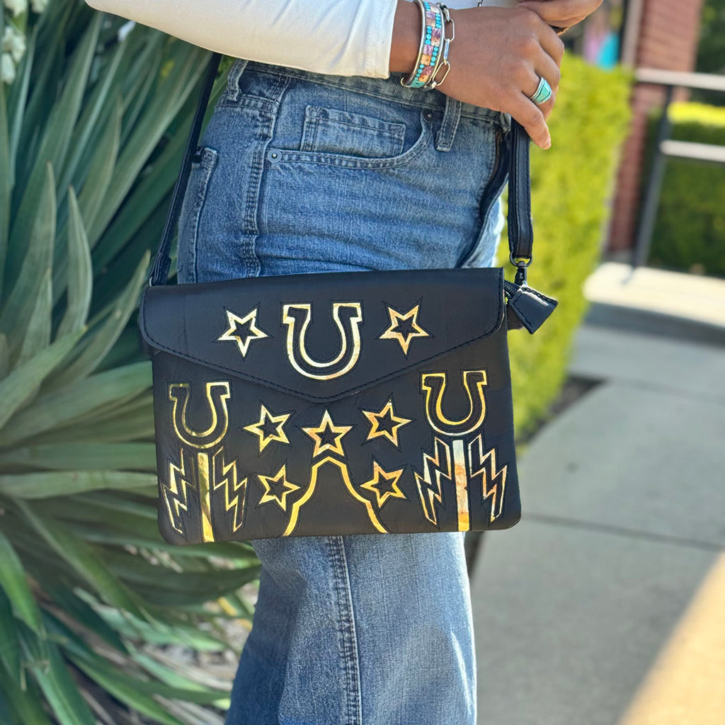 Crossbody, Black Leather, Flap Front, American Darling, attachable Strap 