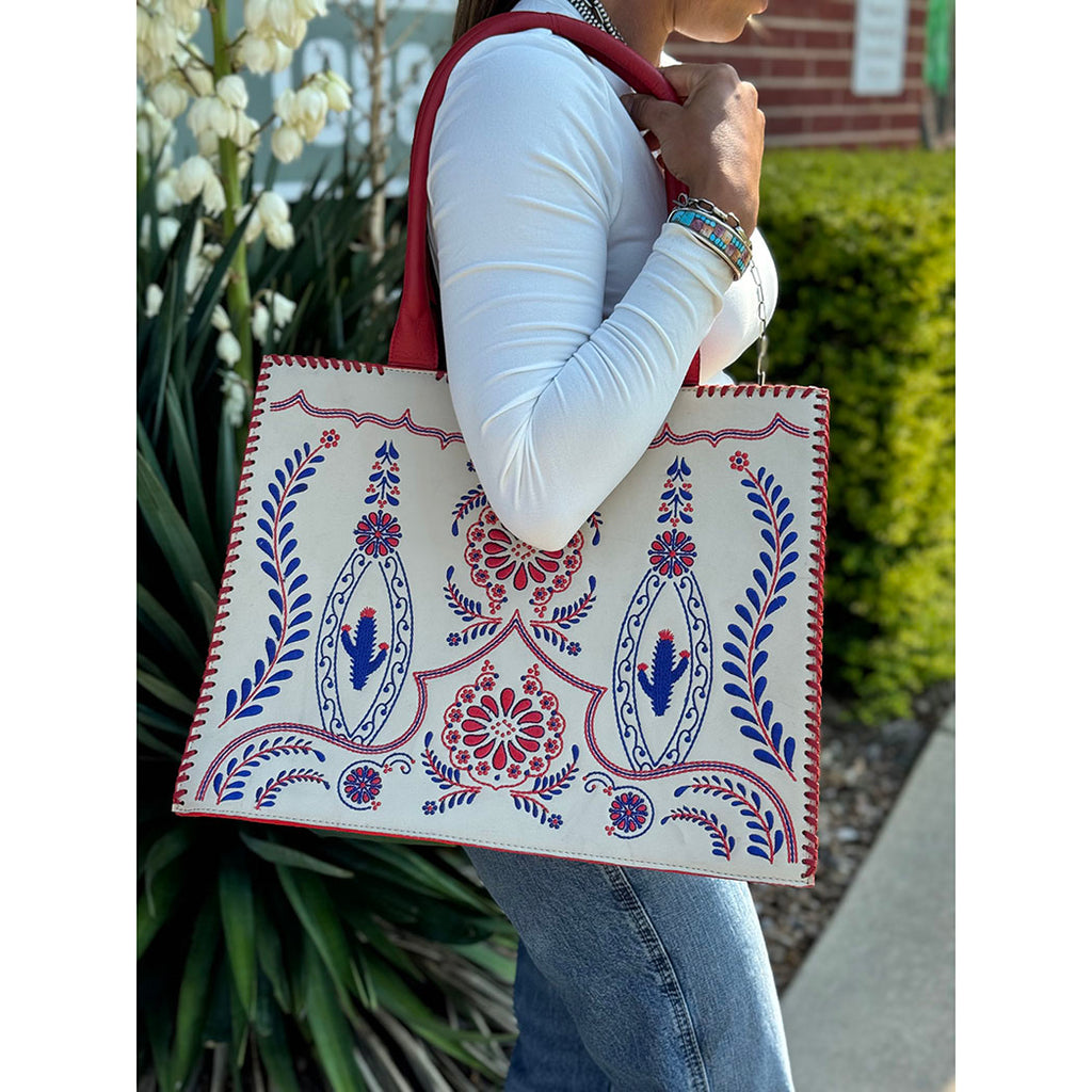 American Darling Cream Leather Tote, embroidery, red buck stitching 