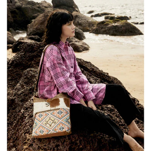 Leather with Pastel Colors/ Cowhide Shoulder Bag 