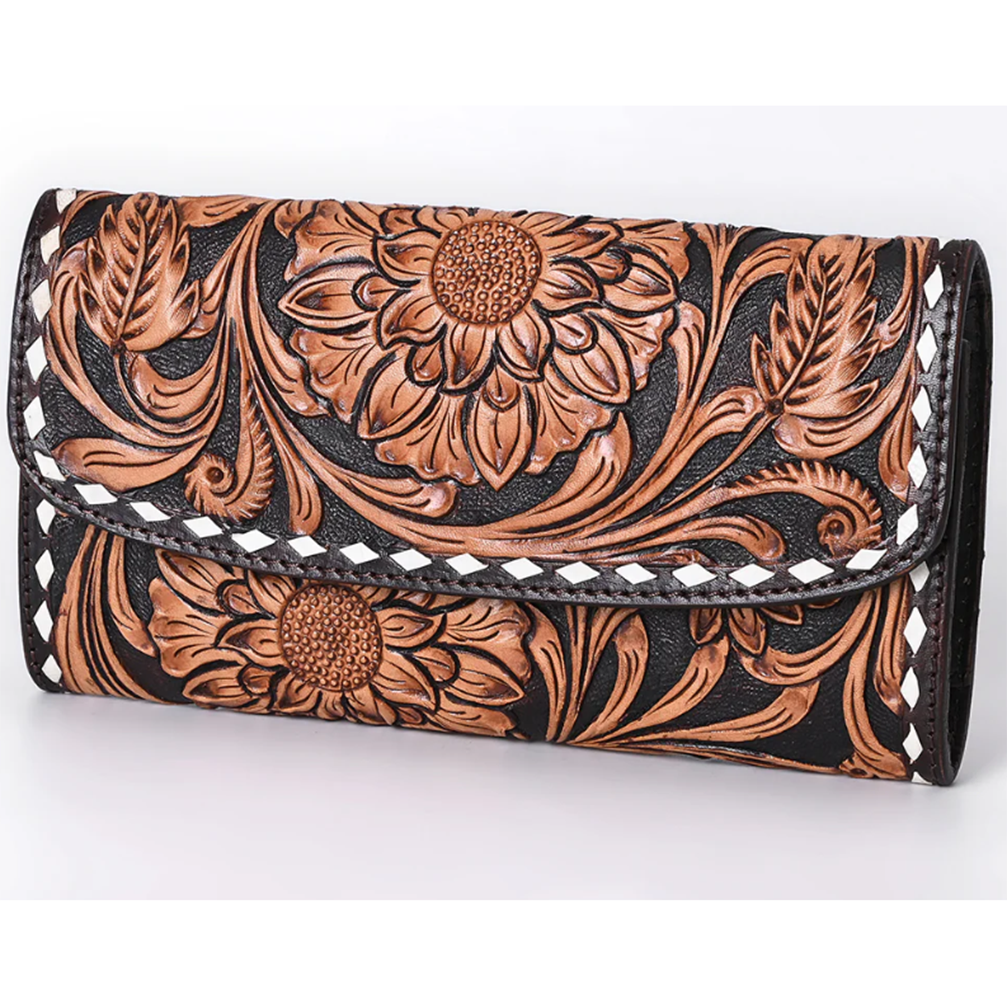 American Darling Tooled/ White Buck Stitch Wallet