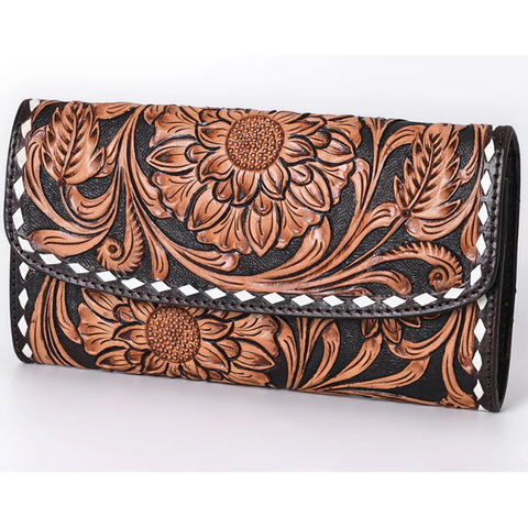 Dark Sunflower Tooled & Buck Stitch Wallet