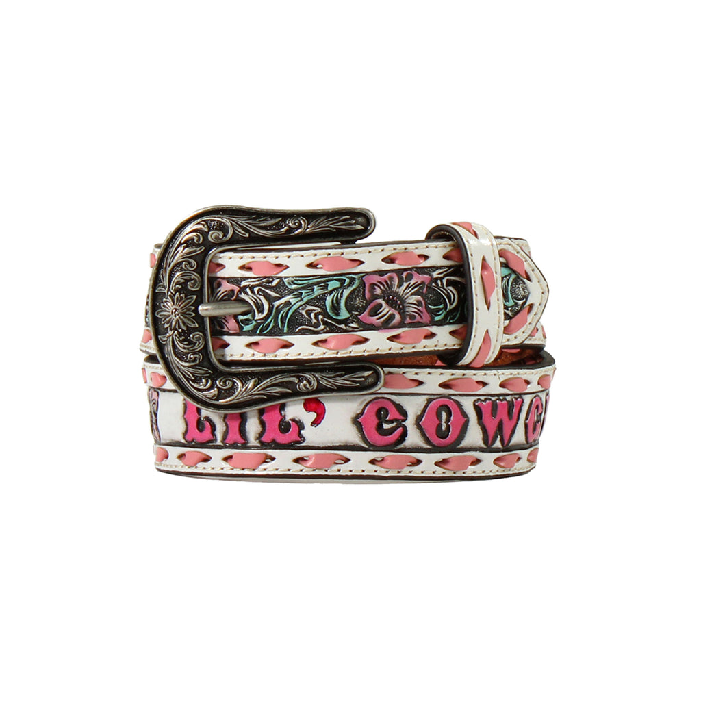 Angel Ranch "LIL COWGIRL" Floral Embossed Pink Belt-Front