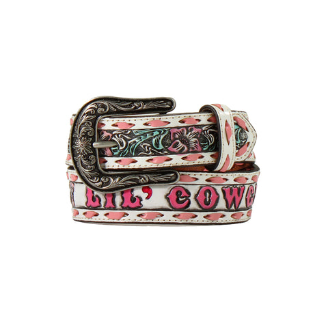 Angel Ranch "LIL COWGIRL" Floral Embossed Pink Belt-Front